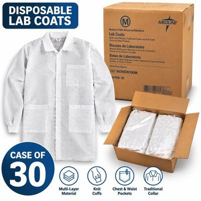 Medline Disposable Lab Coats Medium White NONSW100M Case of 30