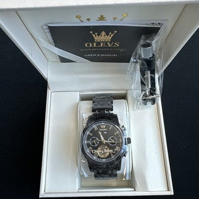 Olevs Mens Luxury Watch Skeleton, Day Date, Black Band, Black Dial