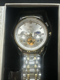 OLEVS Men Watch Mechanical Skeleton, Moon Phase, Silver Face, Gold/Silver Band
