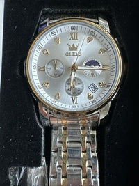 OLEVS Mens Watch Triple Dial, Pearl Face, Gold/Sliver Band, Diamond, Waterproof