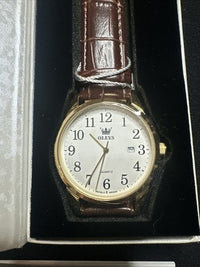 OLEVS Mens Watch White Face, Brown Leather Band, Day Date, Easy Reader