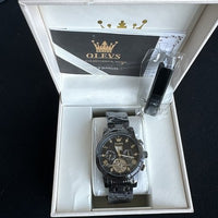 Olevs Men’s Watch Skeleton 5 Hands Black Band, Black Dial