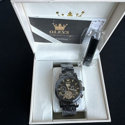 Olevs Men’s Watch Skeleton 5 Hands Black Band, Black Dial