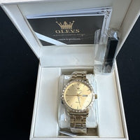 Olevs Men’s Luxury Watch, Day Date, Diamond, Gold Band And Face