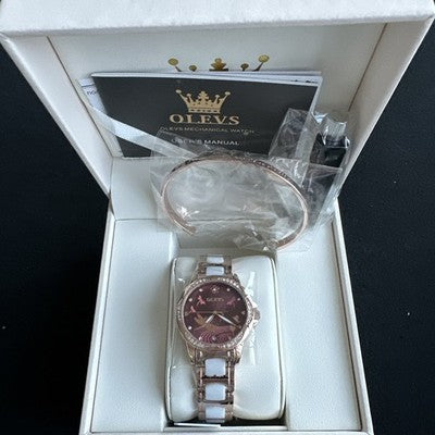 OLEVS Waterproof Luminous Diamond Dial Automatic Watch Women's Red Dragonfly