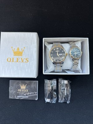 OLEVS Valentines Couple Pair Black Dial, Stainless Steel, Waterproof, Calendar