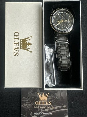 OLEVS Mens Tachymeter Watch Black Face, Black Band, Day Date, Quartz