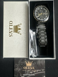 OLEVS Mens Tachymeter Watch Black Face, Black Band, Day Date, Quartz