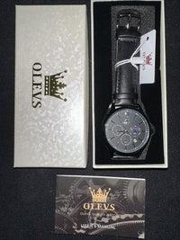 OLEVS Mens Watch Triple Dial, All Black Face, Black Leather Band