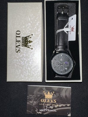OLEVS Mens Watch Triple Dial, All Black Face, Black Leather Band