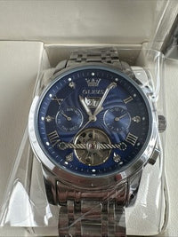 Olevs Men’s Watch Skeleton 5 Hands Silver Band, Blue Dial