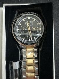 OLEVS Mens Tachymeter Watch Black Face, Silver/Gold Band, Day Date, Quartz