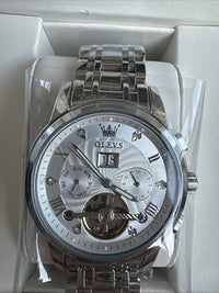 Olevs Men’s Watch Skeleton 5 Hands Silver Band, Silver Dial