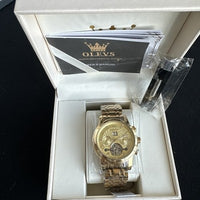 Olevs Men’s Watch Skeleton 5 Hands Gold Band, Gold Dial