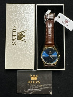 OLEVS Mens Watch Blue Face, Brown Leather Band, Day Date