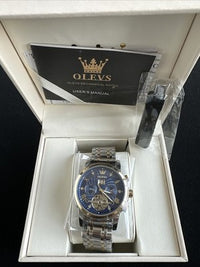 Olevs Men’s Watch Skeleton 5 Hands Gold/Silver Band, Blue Dial