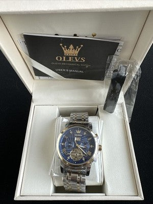 Olevs Men’s Watch Skeleton 5 Hands Gold/Silver Band, Blue Dial