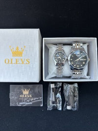 OLEVS Quartz Couple Pair Black Dial, Stainless Steel, Waterproof, Calendar