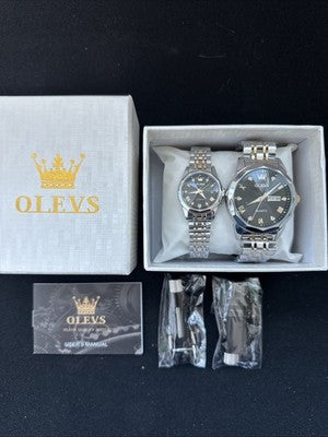 OLEVS Quartz Couple Pair Black Dial, Stainless Steel, Waterproof, Calendar