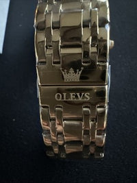 OLEVS Mens Watch Triple Dial, Gold Face, Gold Band, Diamond, Waterproof