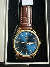 OLEVS Mens Watch Blue Face, Brown Leather Band, Day Date, Easy Reader