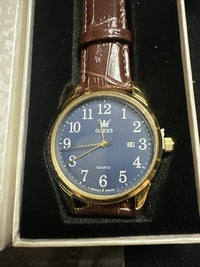 OLEVS Mens Watch Blue Face, Brown Leather Band, Day Date, Easy Reader