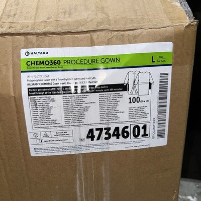 100 PACK Halyard Chemo360 Procedure Gown Size LARGE Blue 47346 01