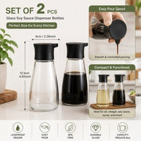 Set of 2 Glass Soy Sauce Dispenser Bottles Leakproof Cruet Oil Vinegar Black