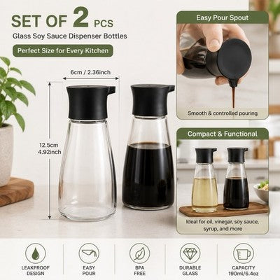 Set of 2 Glass Soy Sauce Dispenser Bottles Leakproof Cruet Oil Vinegar Black