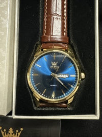 OLEVS Mens Watch Blue Face, Brown Leather Band, Day Date