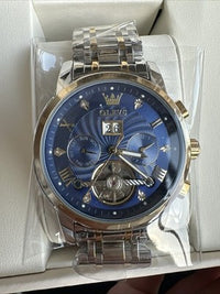 Olevs Men’s Watch Skeleton 5 Hands Gold/Silver Band, Blue Dial