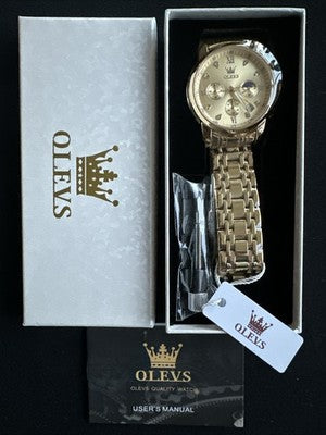 OLEVS Mens Watch Triple Dial, Gold Face, Gold Band, Diamond, Waterproof