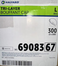 Halyard Tri-Layer Bouffant Cap, REF 6908367, Large (L), White, 300 count