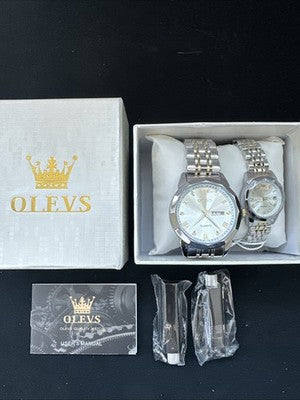OLEVS Quartz Couple Pair Pearl Dial, Stainless Steel, Waterproof, Calendar