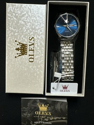 OLEVS Mens Watch Blue Face, Gold/Silver Band, Day Date, Quartz