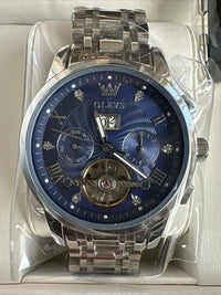 Olevs Men’s Watch Skeleton 5 Hands Silver Band, Blue Dial, Gold Bezel
