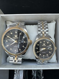 OLEVS Quartz Couple Pair Black Dial With Diamond, Stainless Steel, Waterproof
