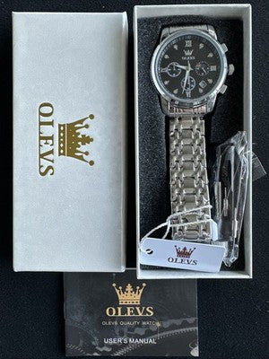 OLEVS Mens Watch Triple Dial, Black Face, Stainless Steel Band, Diamond