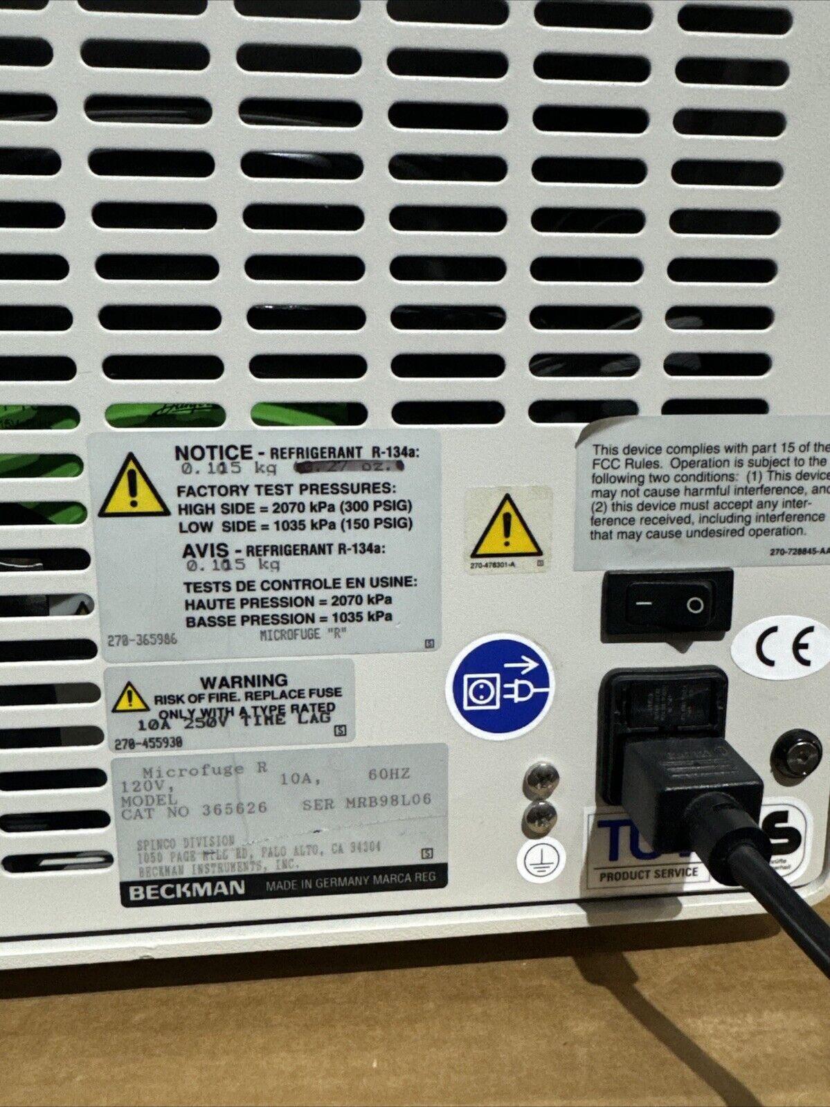 Beckman Coulter Microfuge R (365626) Refrigerated Centrifuge  Rotor 