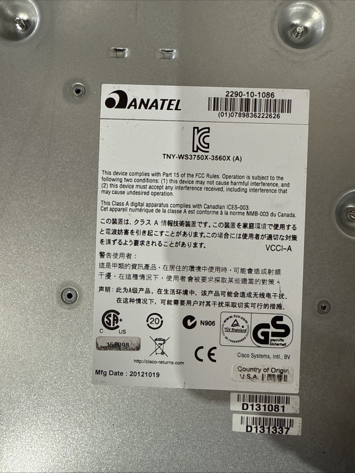 Cisco Catalyst TNY-WS3750X-3560X-A, 3560-X Series 24 Port PoE Ethernet Switch