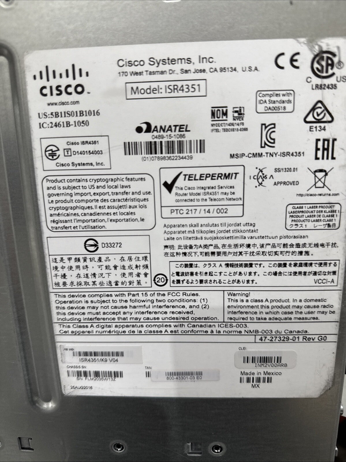 Cisco 4351 Integrated Services Router ISR4351 ISR4351/K9 V05 w/ 1x PSU