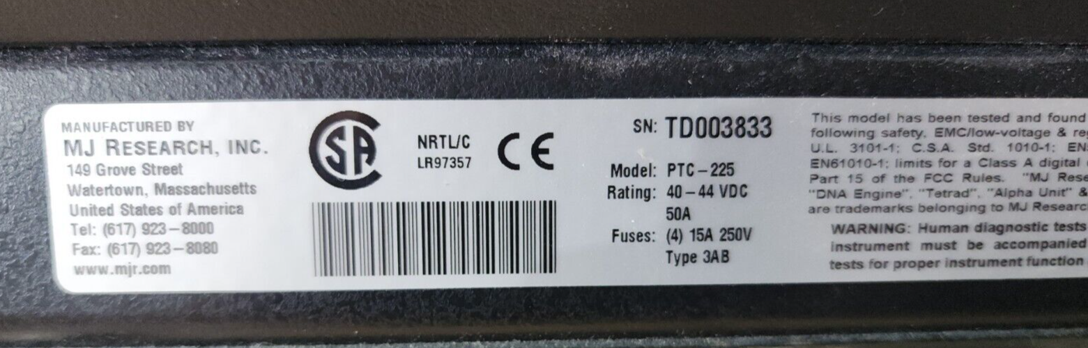 MJ Research PTC225 cycler thermal controller DNA tetrad with power supply