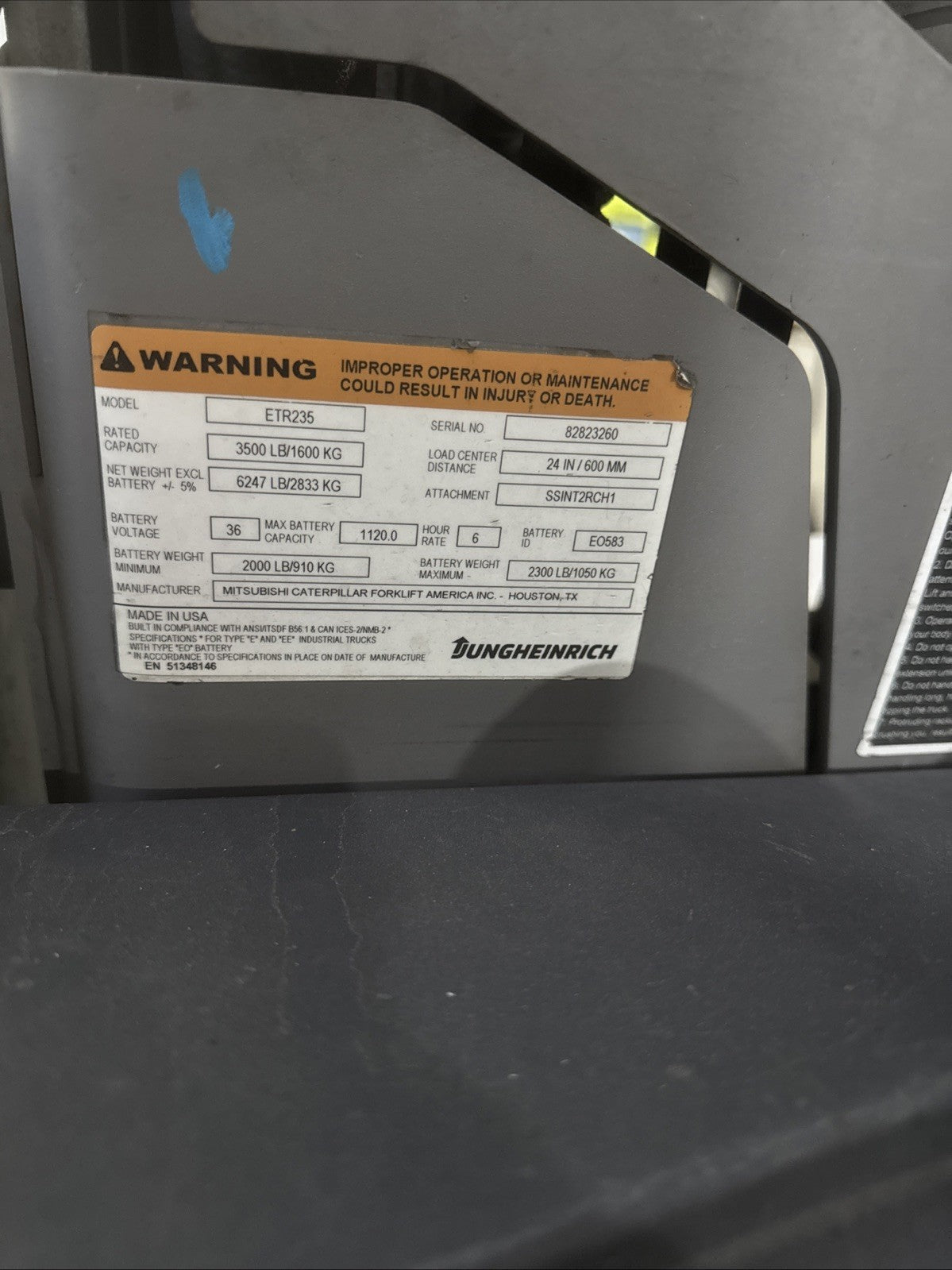 2018 Jungheinrich reach truck ETR 235 8900 Hours
