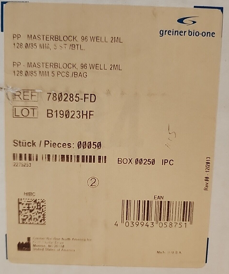 (50/Cs)GREINER Bio-One 96-Well 2mL PP Masterblock Storage Plate 780285-FD