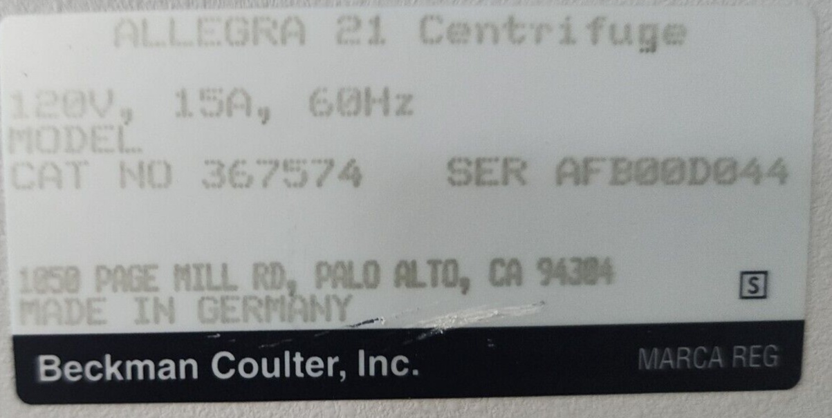 Beckman Coulter Allegra 21 Benchtop Centrifuge No Rotor