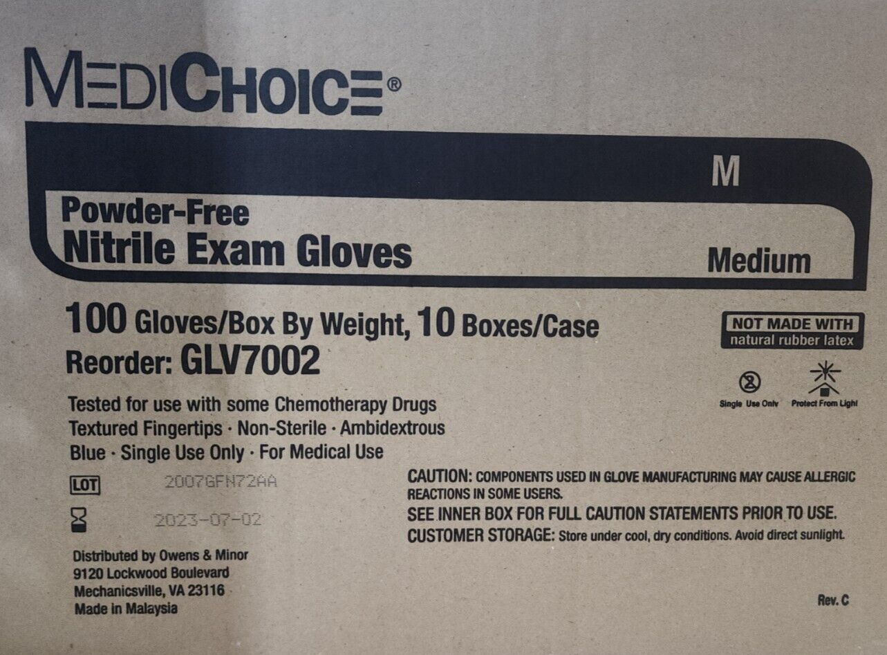 MediChoice BLUE Nitrile Exam Gloves Powder Free Latex Free Medium 1000count Case