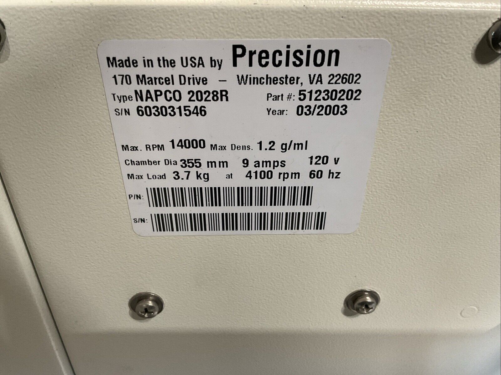 Precision NAPCO 2028R Refrigerated Programmable Centrifuge W/SO-1T Rotor Extras