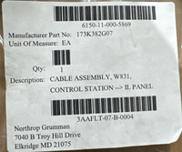 Northrop Grumman 173K382G07 Belden Cable Assembly W831 control station