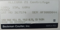 Beckman Coulter Allegra 21 Benchtop Centrifuge No Rotor