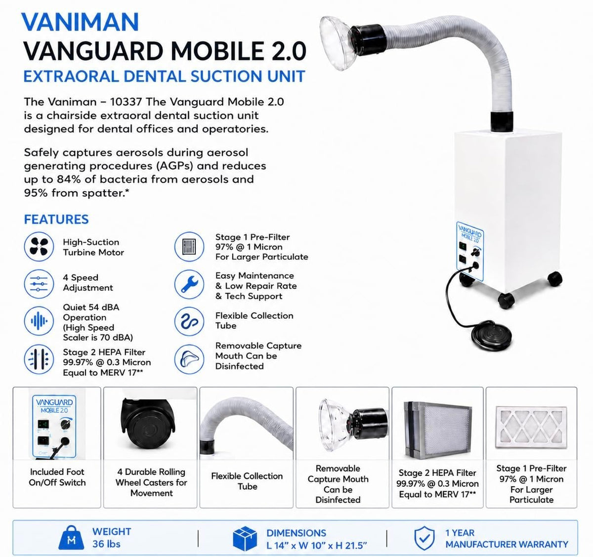 NEW Vaniman Vanguard Mobile 2.0 Extraoral Dental Aerosol Suction Unit